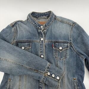 Levis Vintage Womens Blue Denim Band Collar Trucker Jacket Large 2608 BR 003